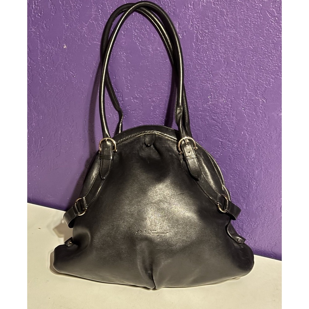 Salvatore Ferragamo Black Leather Hobo Shoulder Bag Handbag 16" Italy Gancini